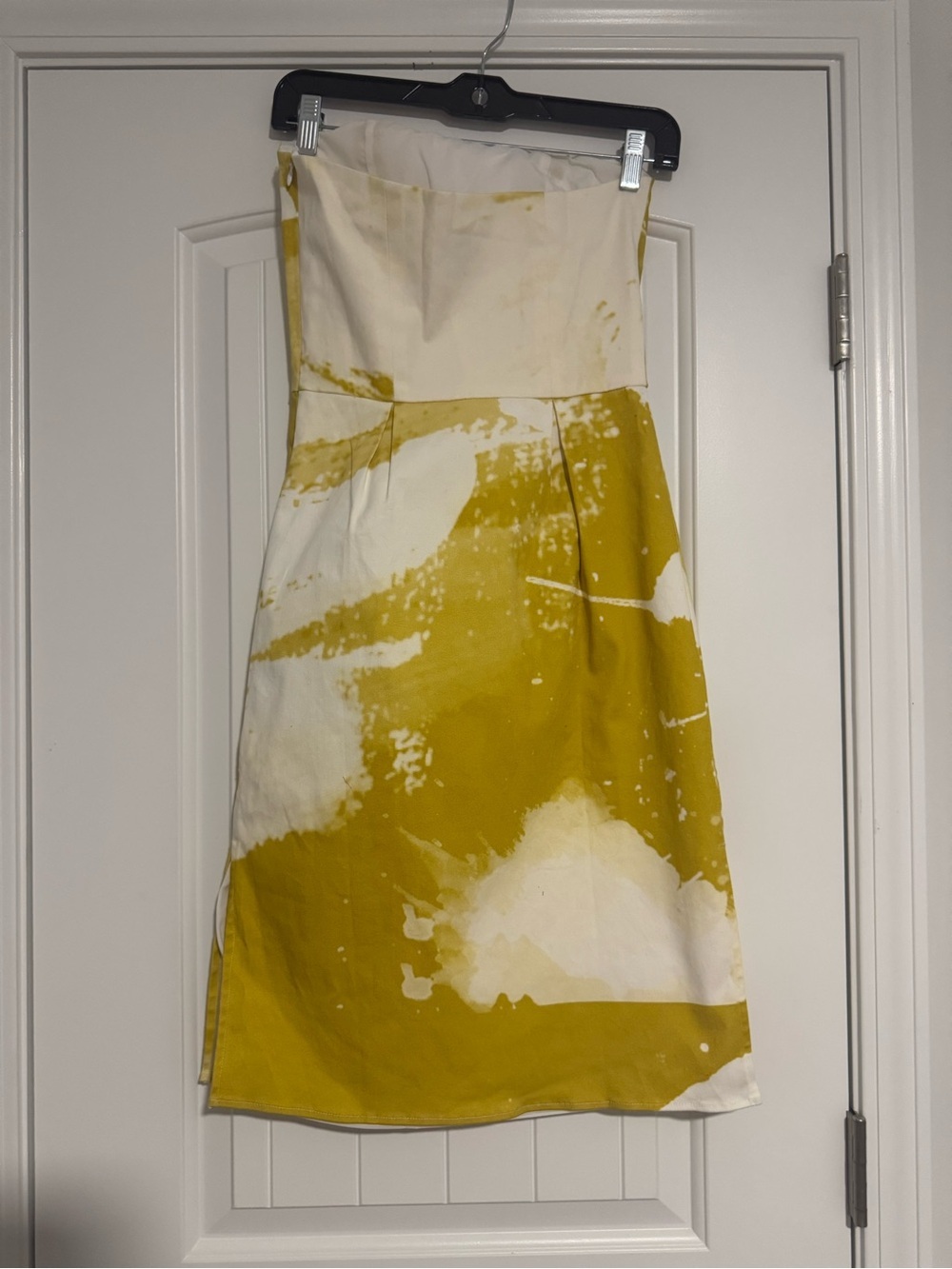 Strapless Mustard and White Printed Sheath Dress - Picture 4 of 9